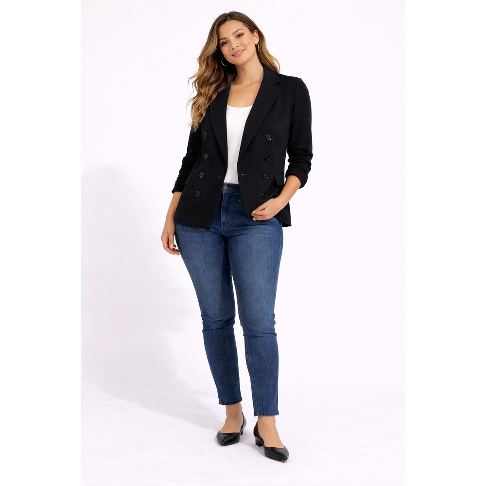 New York & Company Black Double Breasted Blazer‎ Ruched Sleeve Sz S